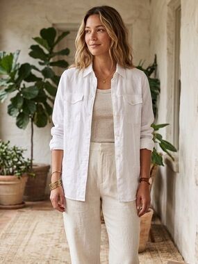 American Living 100% Linen Classic White Button Down Utility Shirt L